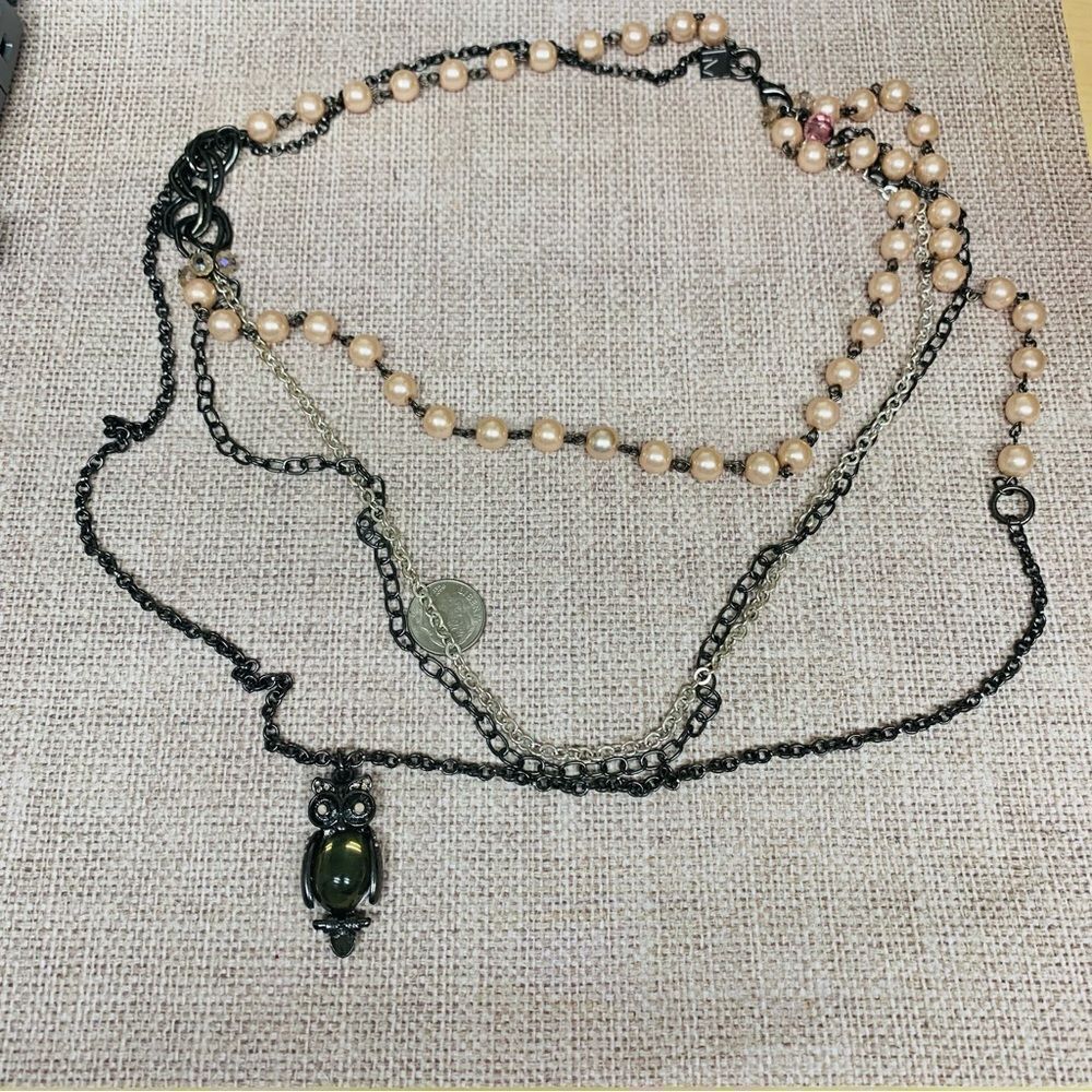 CM Gunmetal‎ Pink Pearl Chain Layered Owl Necklace